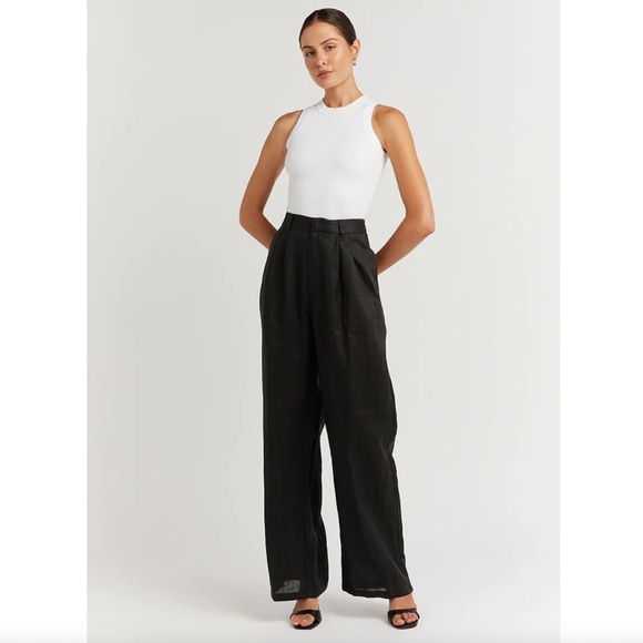 DISSH 100% Linen High Rise Wide Leg Trouser Pants Black